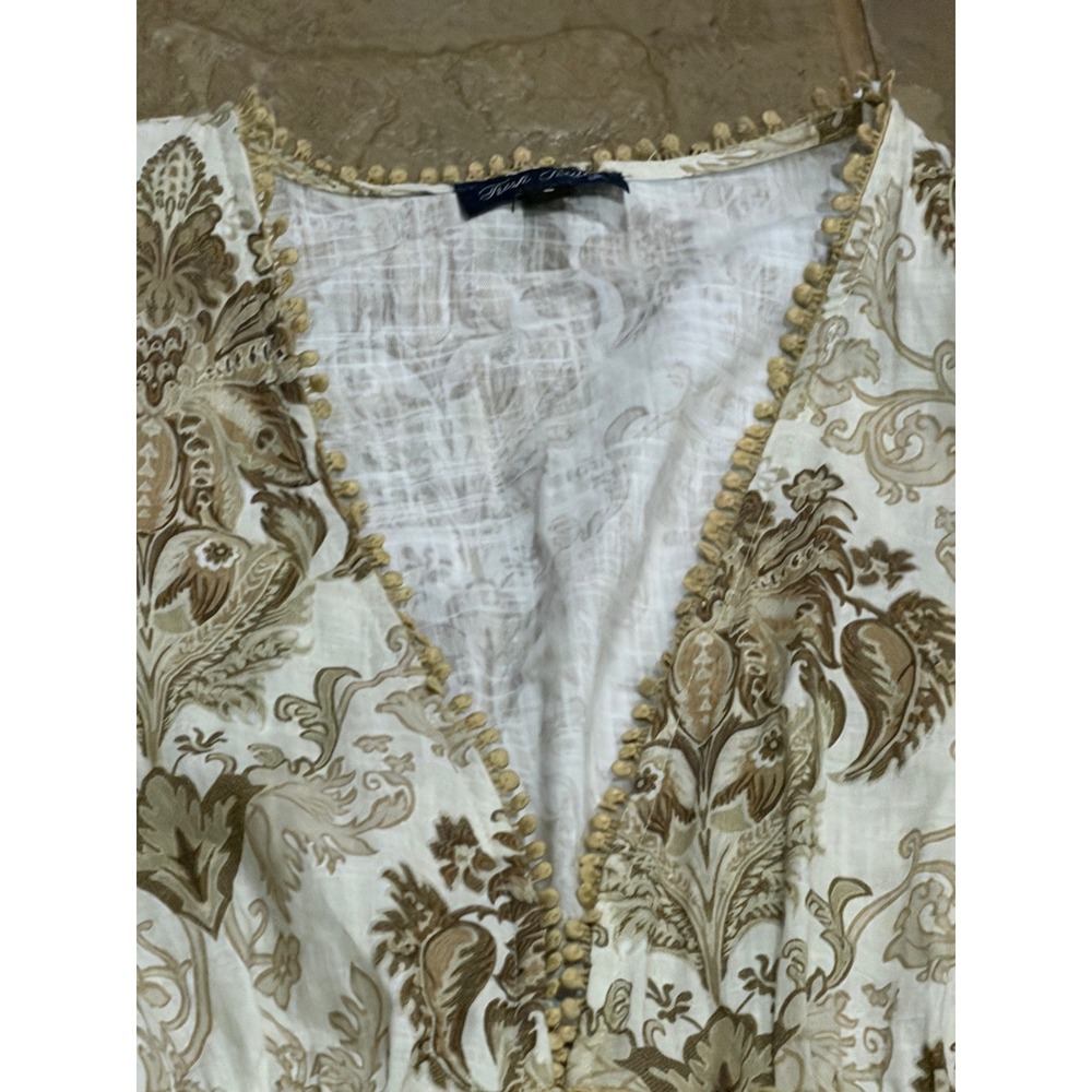 Trish Scully islanDamask Cotton Linen Midi Dress Cream V-Neck Puff Sleeve Boho s - Picture 9 of 15